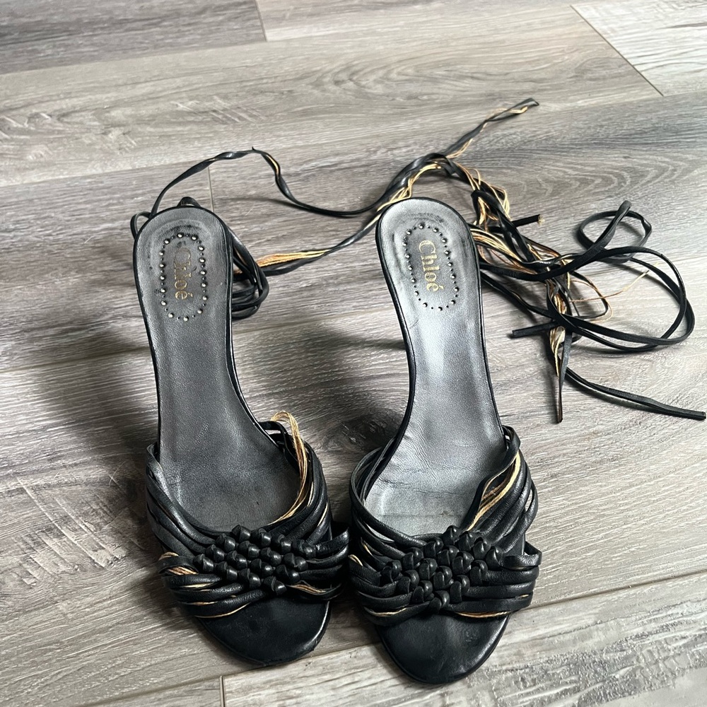 Chloe Black Knot Tie Ankle Heels 37.5